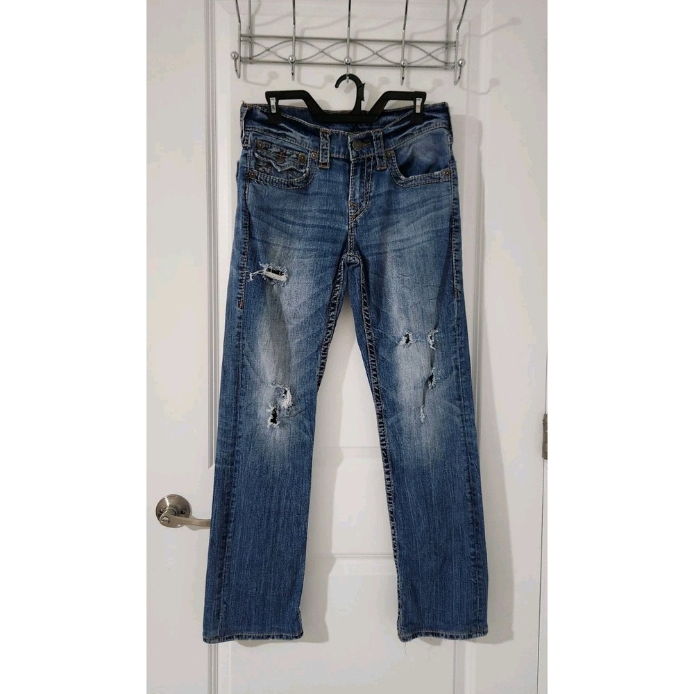 True Religion Jeans Mens 29 Blue Section Straight‎ Distressed Ripped Big T Flap